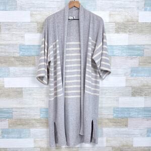Club Monaco Cashmere Beach Duster Cardigan Gray White 3/4 Sleeve Womens Large